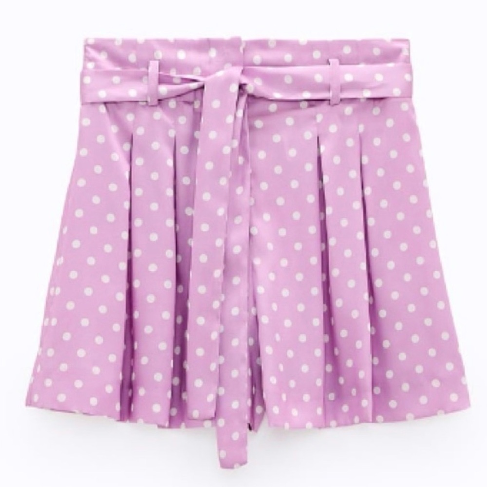 ZARA Lilac & White Polka Dot High Waisted Flowy Satin Belted Paperbag Shorts XS - Picture 6 of 16